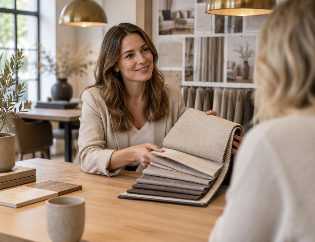 Adviseur laat stofstalen zien aan een tafel