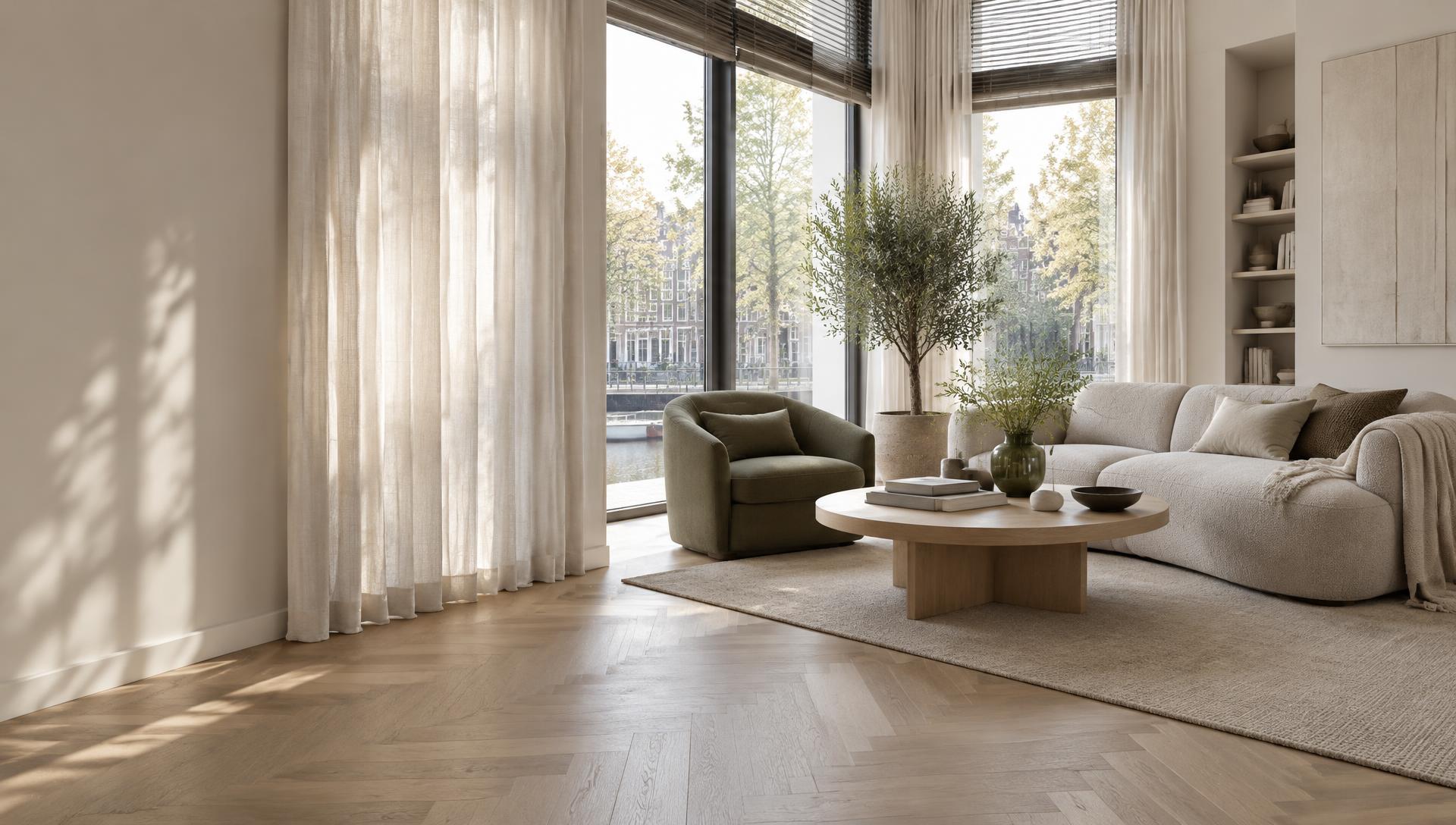 Lichte woonkamer met gordijnen op maat, raamdecoratie en een eiken visgraatvloer