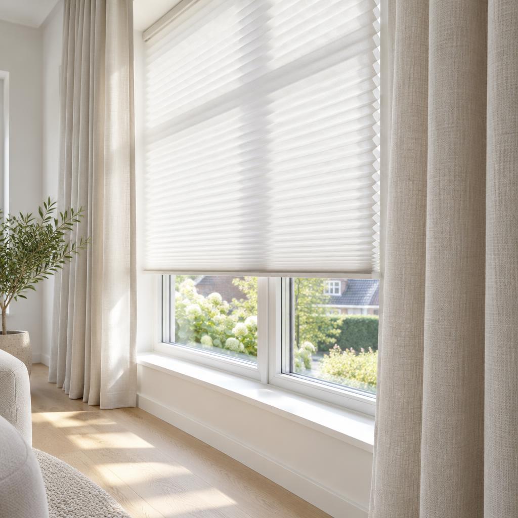 Lichte plisségordijnen op maat in een zonnige woonkamer